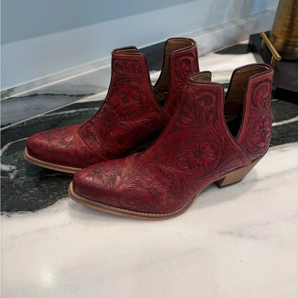 Myra Floral Embossed Leather Western Booties | Red | Size 7 - Picture 2 of 8